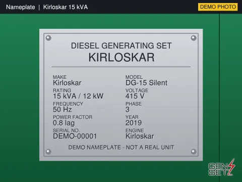 Kirloskar 15 kVA 2019 Working Diesel Generator in Bangalore #194 — Nameplate Photo