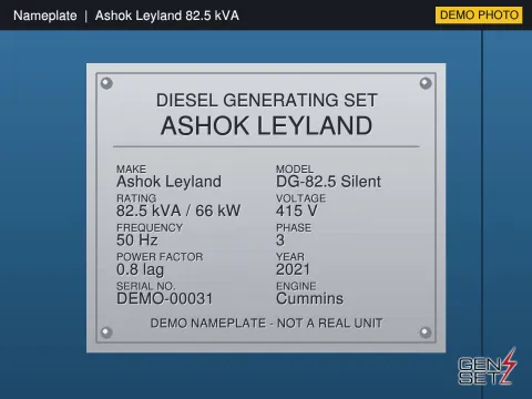 Ashok Leyland 82.5 kVA 2021 Working Diesel Generator in Hosur #224 — Nameplate Photo