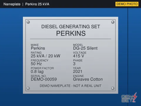 Perkins 25 kVA 2021 Working Diesel Generator in Trivandrum #252 — Nameplate Photo