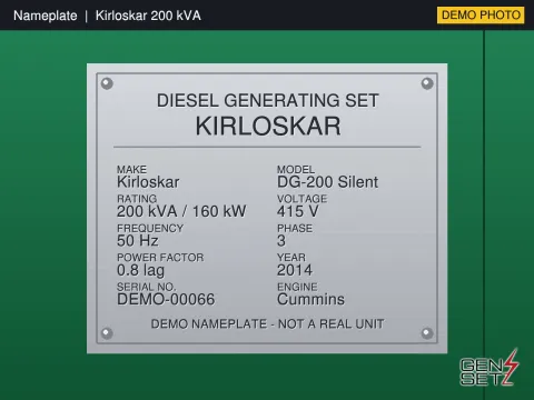 Kirloskar 200 kVA 2014 Working Diesel Generator in Goa #259 — Nameplate Photo