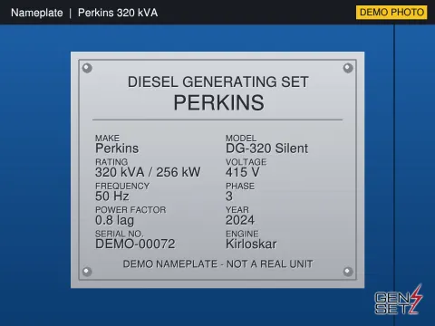 Perkins 320 kVA 2024 Working Diesel Generator in Hyderabad #265 — Nameplate Photo