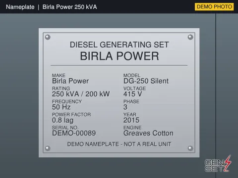 Kirloskar 250 kVA 2015 Working Diesel Generator in Mangalore #282 — Nameplate Photo