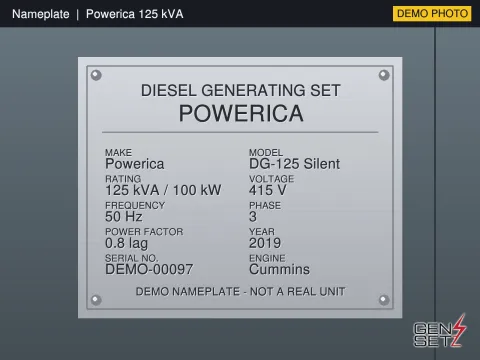 Powerica 125 kVA 2019 Working Diesel Generator in Bangalore #290 — Nameplate Photo