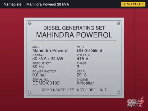 Mahindra Powerol 30 kVA 2018 Working Diesel Generator in Goa #295 — Nameplate Photo