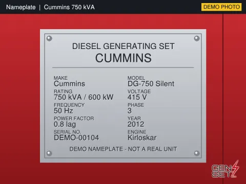 Cummins 750 kVA 2012 Working Diesel Generator in Chennai #297 — Nameplate Photo
