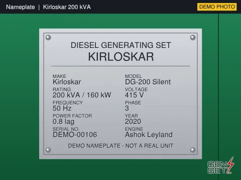 Kirloskar 200 kVA 2020 Working Diesel Generator in Cochin #299 — Nameplate Photo